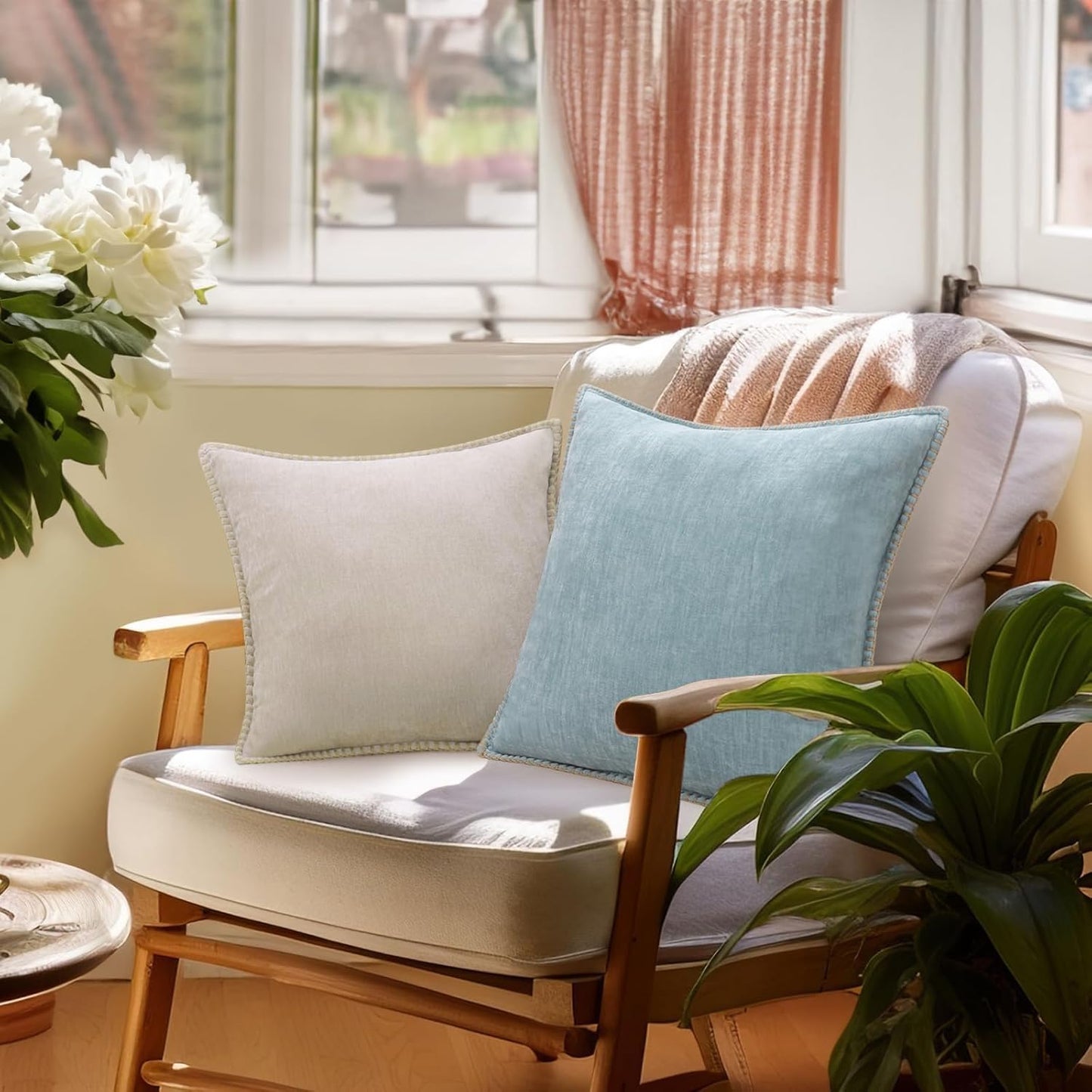 Chenille Soft Throw Pillow Covers 18X18 Set of 2, Farmhouse Velvet Neutral Decorative Euro Pillow Covers with Stitched Edge for Couch Sofa Bed Home Decor, Aqua Haze