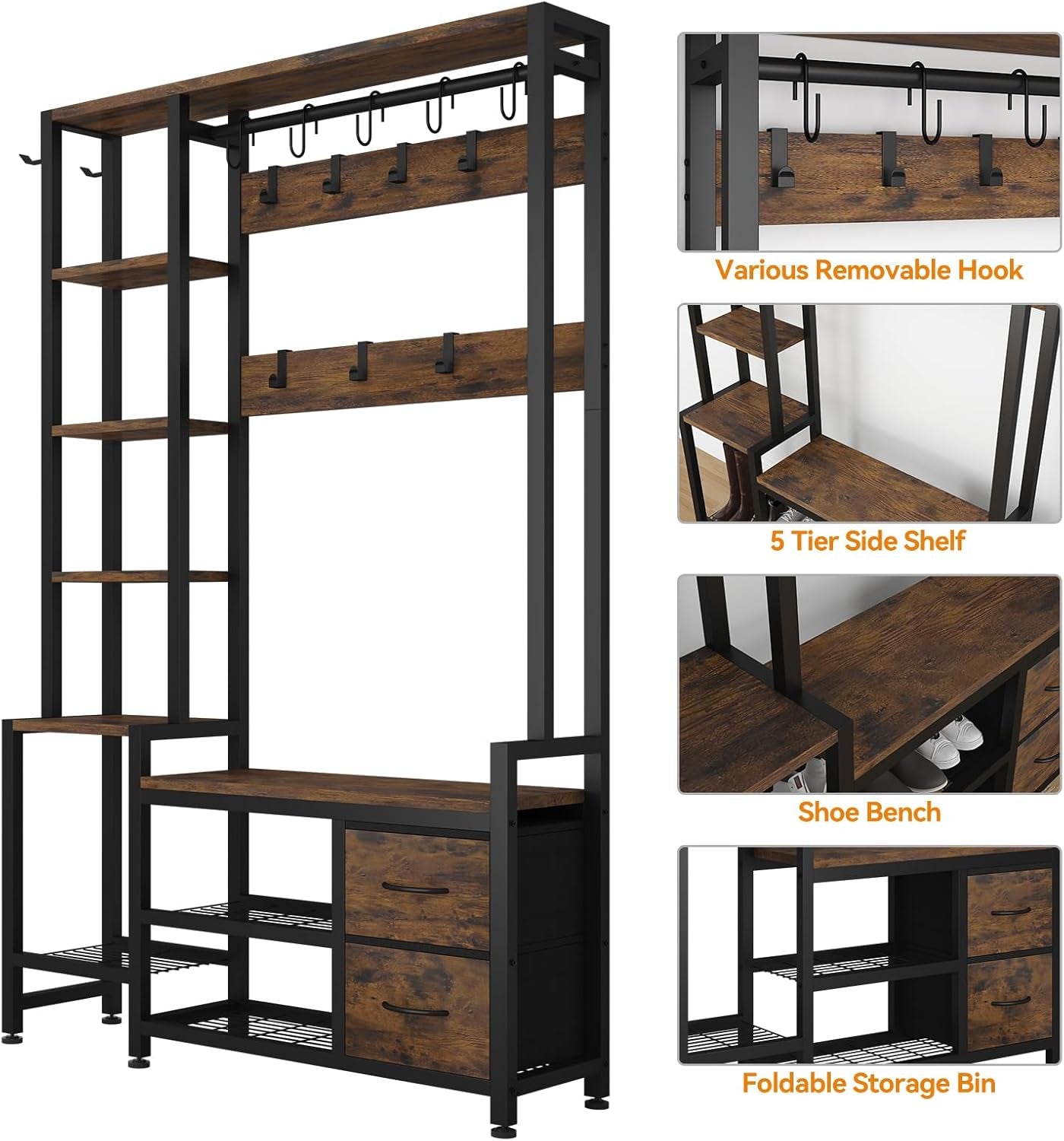 Hall Tree for Entryway 43", Bench with Shoe Storage, Large Coat Rack Shoe Bench with 5 Tier Shelves, 5 in 1 Design Front Door Shoe Rack and Wall Rack Hooks, and 2 Drawers (Rustic Brown)