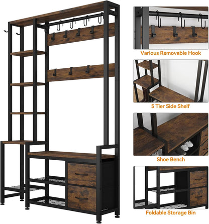 Hall Tree for Entryway 43", Bench with Shoe Storage, Large Coat Rack Shoe Bench with 5 Tier Shelves, 5 in 1 Design Front Door Shoe Rack and Wall Rack Hooks, and 2 Drawers (Rustic Brown)