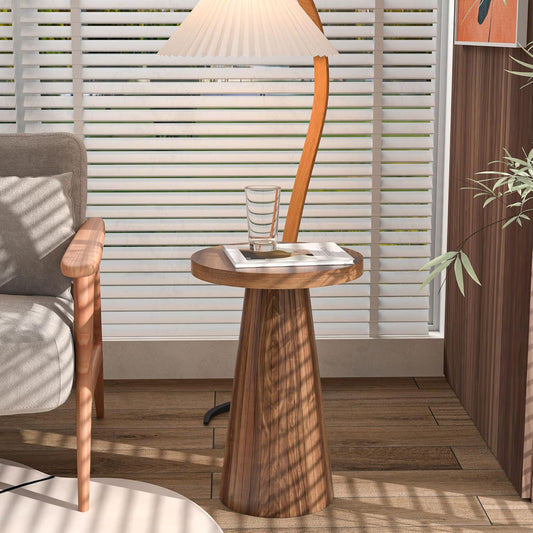 Small round Pedestal Side Table, Wooden End Table for Living Room, Fluted Drink Table for Small Space, Modern Plant Stand Accent Table for Sofa Couch, 13.6 Inch (Walnut)