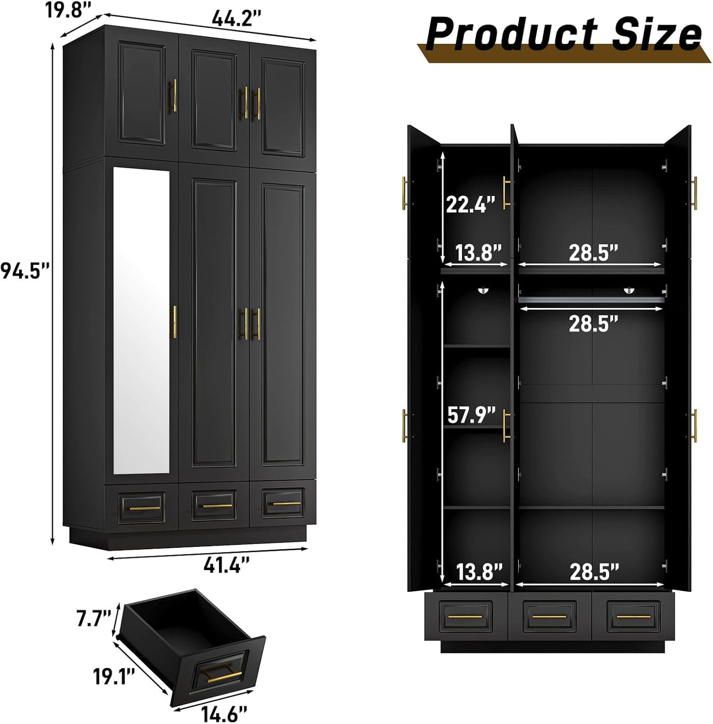 Large Armoire Wardrobe Closet Cabinet with Drawers and LED Lights, Multi-Tier Shelves, Hanging Rod, Large Capacity Storage 3 Door Wardrobe Armoire with Top Cabinet for Bedroom, Black