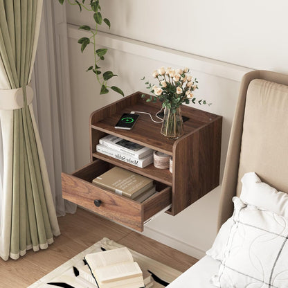 Floating Nightstand Set of 2 Modern Night Stands with Drawer and Open Shelf Cubby Small Bedside End Table with Charging Station Wall Mounted Nightstands Set 2 for Bedroom Brown Walnut