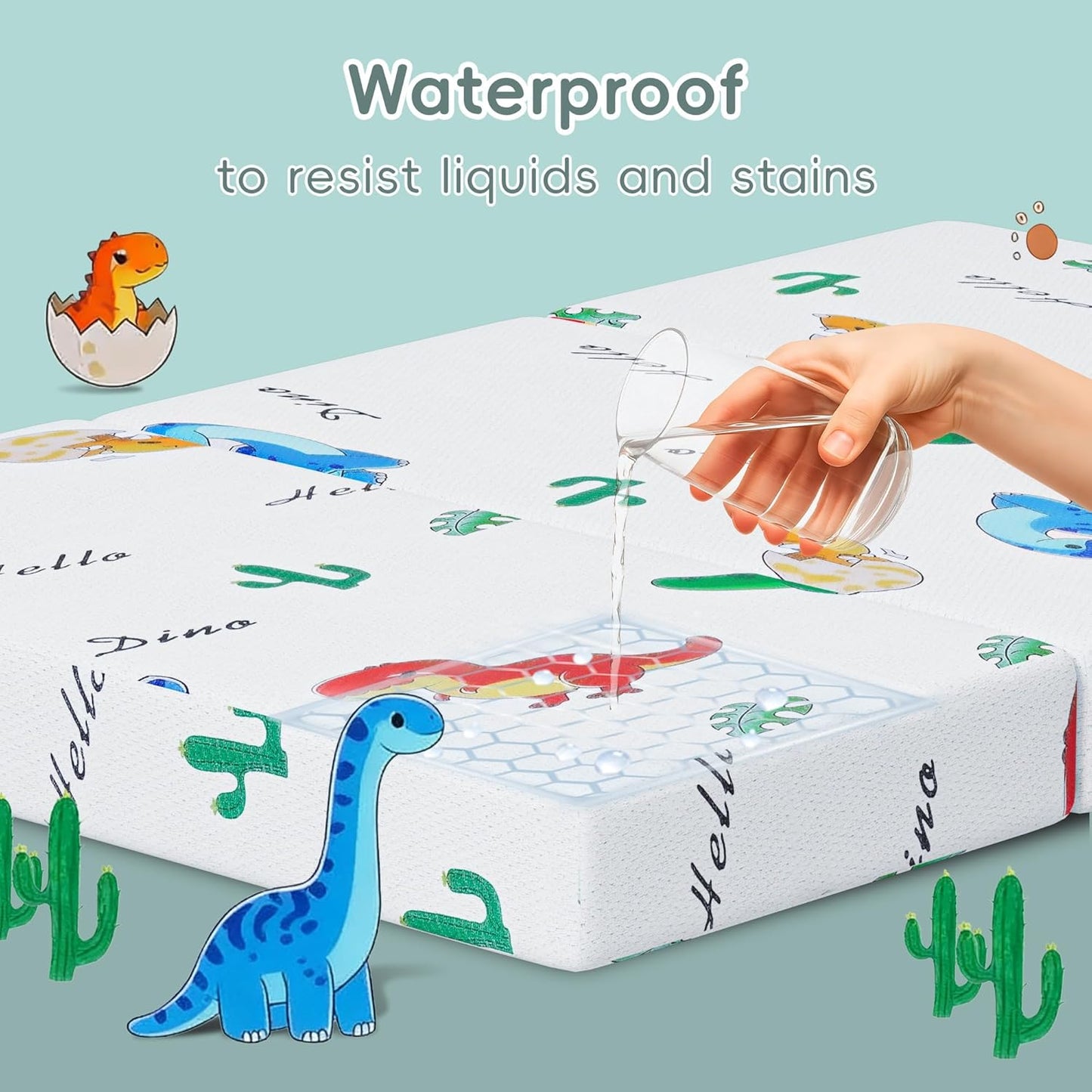 Trifold Pack and Play Mattress Portable Pack N Play Mattresses with Washable Cover Waterproof Travel Crib Mattress for Baby and Toddler Dinosaur Pattern - 38" X 26"