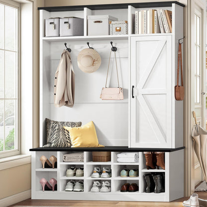 Farmhouse Mudroom Hall Tree with Shoe Storage, 79 Inch Hall Tree with Bench for Entryway, White Entryway Bench with Coat Rack and Barn Door, Adjustable Shoe Cubbies and 3-Tier Cabinet