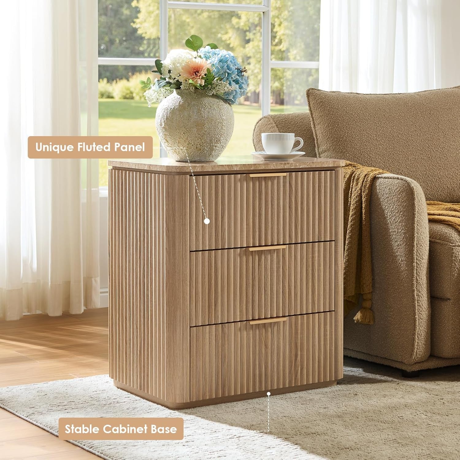 Fluted Nightstand Set of 2, Engineered Wood Bedside Table with 3 Drawers, Modern End Table with Faux Marble-Top, Curved Corners, Metal Handle, Large Night Stand for Bedroom, Office, Closet Natural Oak