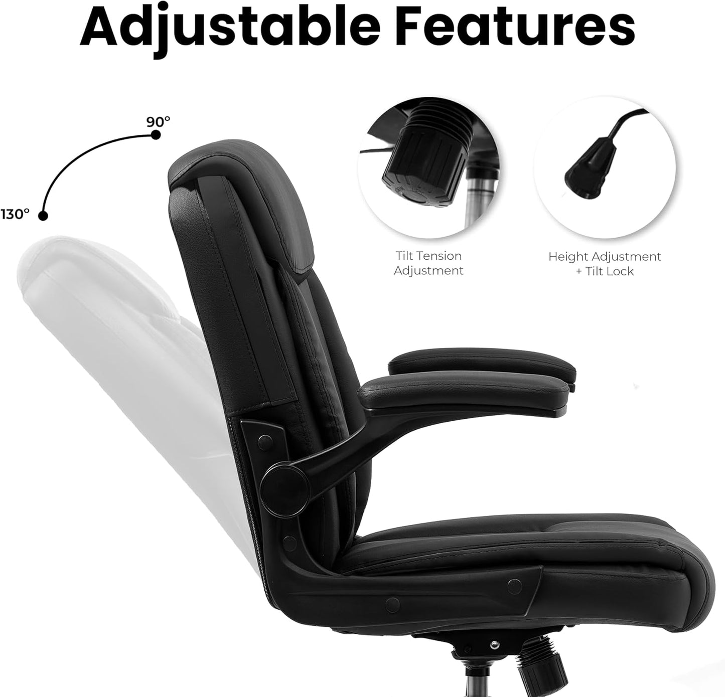 Office Desk Computer Chair Ergonomic Executive Mid-Back Leather Gaming Chair with Adjustable Flip-Up Armrests Wheels Swivel for Home Study Task (Jet Black)