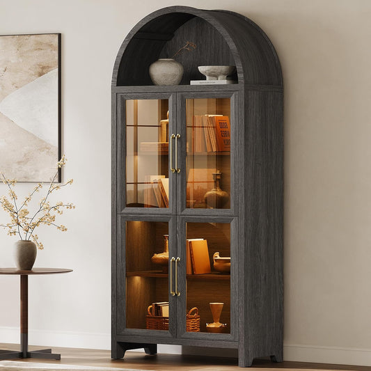 74" Display Cabinet with Glass Doors - Modern 5-Tier Arched Bookcase with Rechargeable 3-Color Lights & Motion Sensor, Large Pantry Cabinet for Kitchen Living Room Home Office, Dark Grey Oak