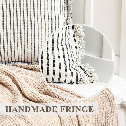 Throw Pillow Covers 18X18 Set of 2 Striped Pillow Covers with Fringe Chic Cotton Decorative Pillows Square Cushion Covers for Sofa Couch Bed Living Room Farmhouse Decor