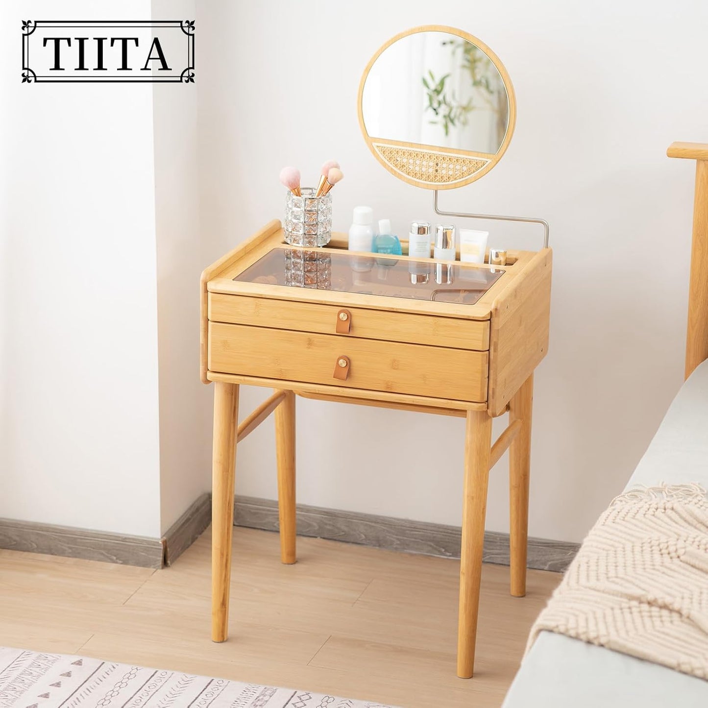 Vanity Desk, Makeup Vanity Table with Mirror, Dressing Table with 2 Drawers,Modern Wood Bedroom Vanity Vintage Dressing Table for Women Girls