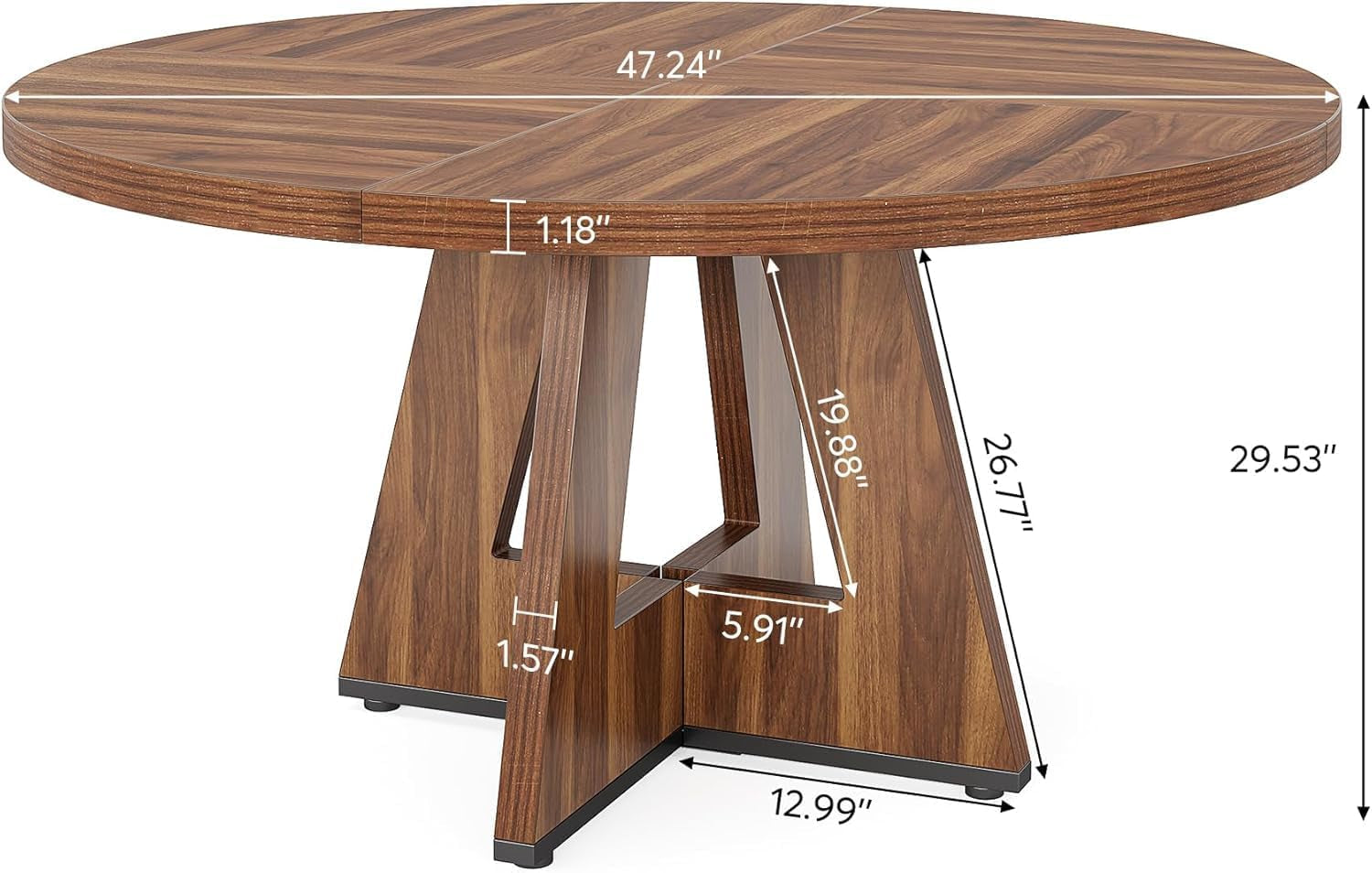 47" Dining Table Farmhouse round Kitchen Table for 4, Rustic Brown Wood Dinner Table with Cross Base for Living Room Dining Room