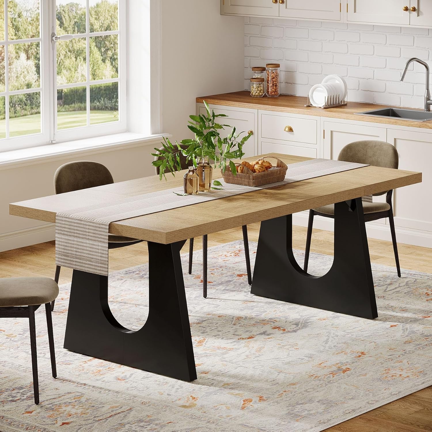 Large Dining Table for 6-8 People, 70.9-Inch Wood Rustic Rectangular Table with Black Wooden Legs, Farmhouse Center Kitchen Table for Dining Room, Living Room, Home Furniture, Oak and Black