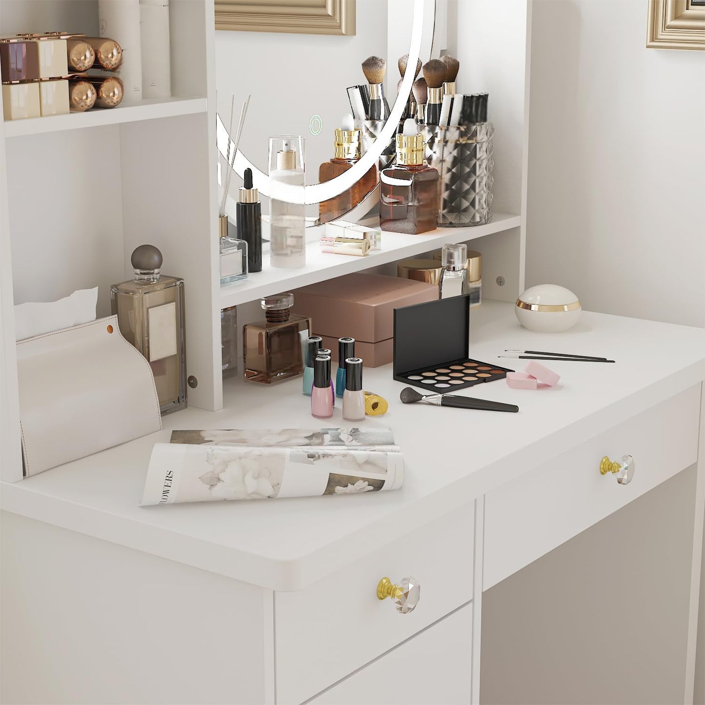 White Vanity Set with round Lighted Mirror, Makeup Vanity Dressing Table with 5 Drawers, Shelves, Dresser Desk and Cushioned Stool