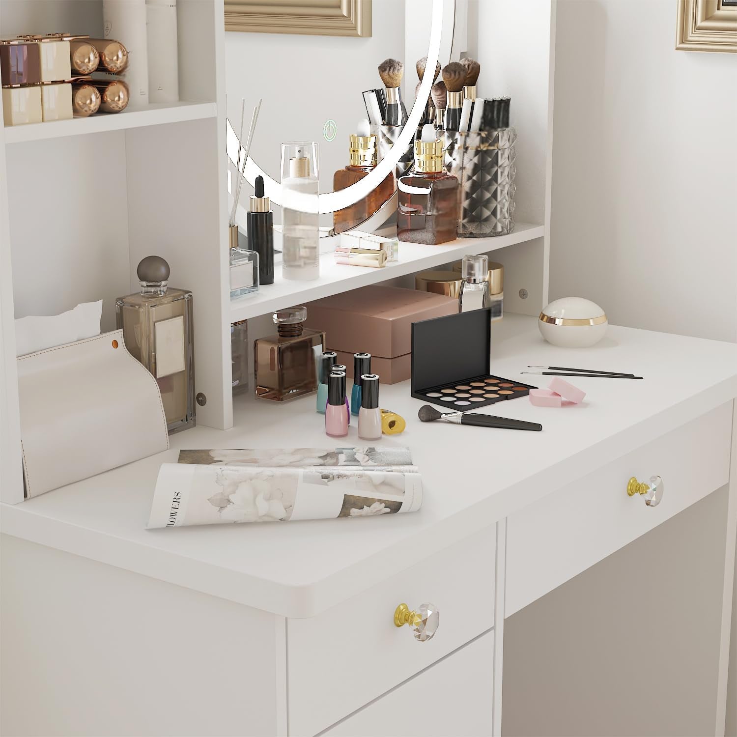 White Vanity Set with round Lighted Mirror, Makeup Vanity Dressing Table with 5 Drawers, Shelves, Dresser Desk and Cushioned Stool