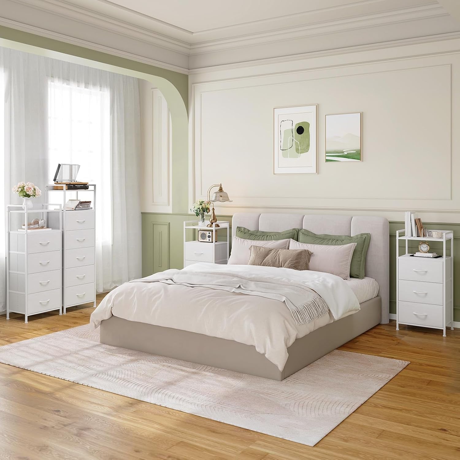 White Tall Night Stand for Bedroom,Tall 5 Drawers Dresser, Vertical Storage Tower Unit, Nightstand Furniture with Fabric Drawer Organizer in Bedside Kids Dorm Room Closet Laundry Entryway