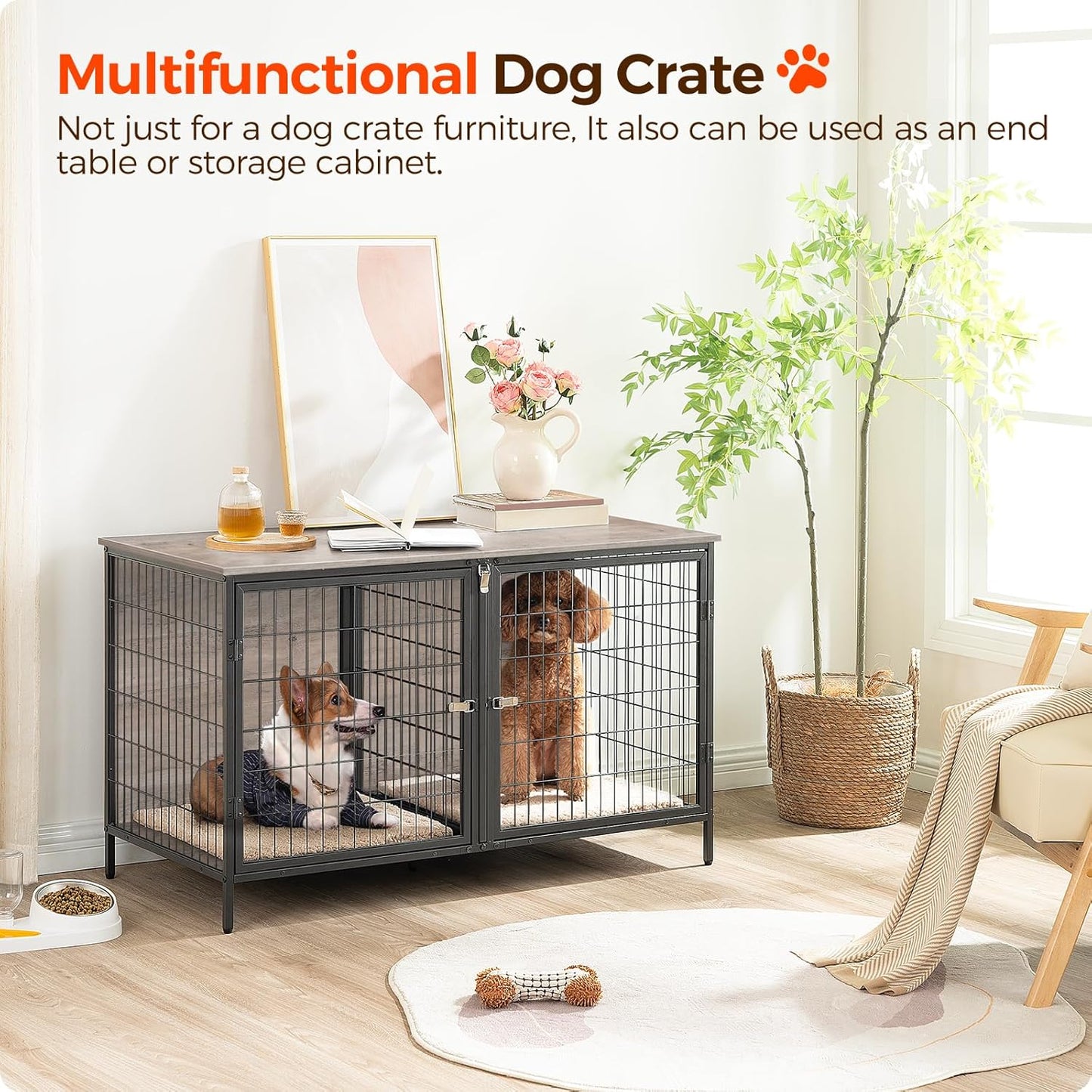 Dog Crate Furniture for 2 Dogs, 43.3" Dog Kennel with Removable Divider, Heavy Duty Wooden Dog Kennel for Small Medium Dog, Indoor Dog Cage End Table with Double Rooms, Greige DCHG1201