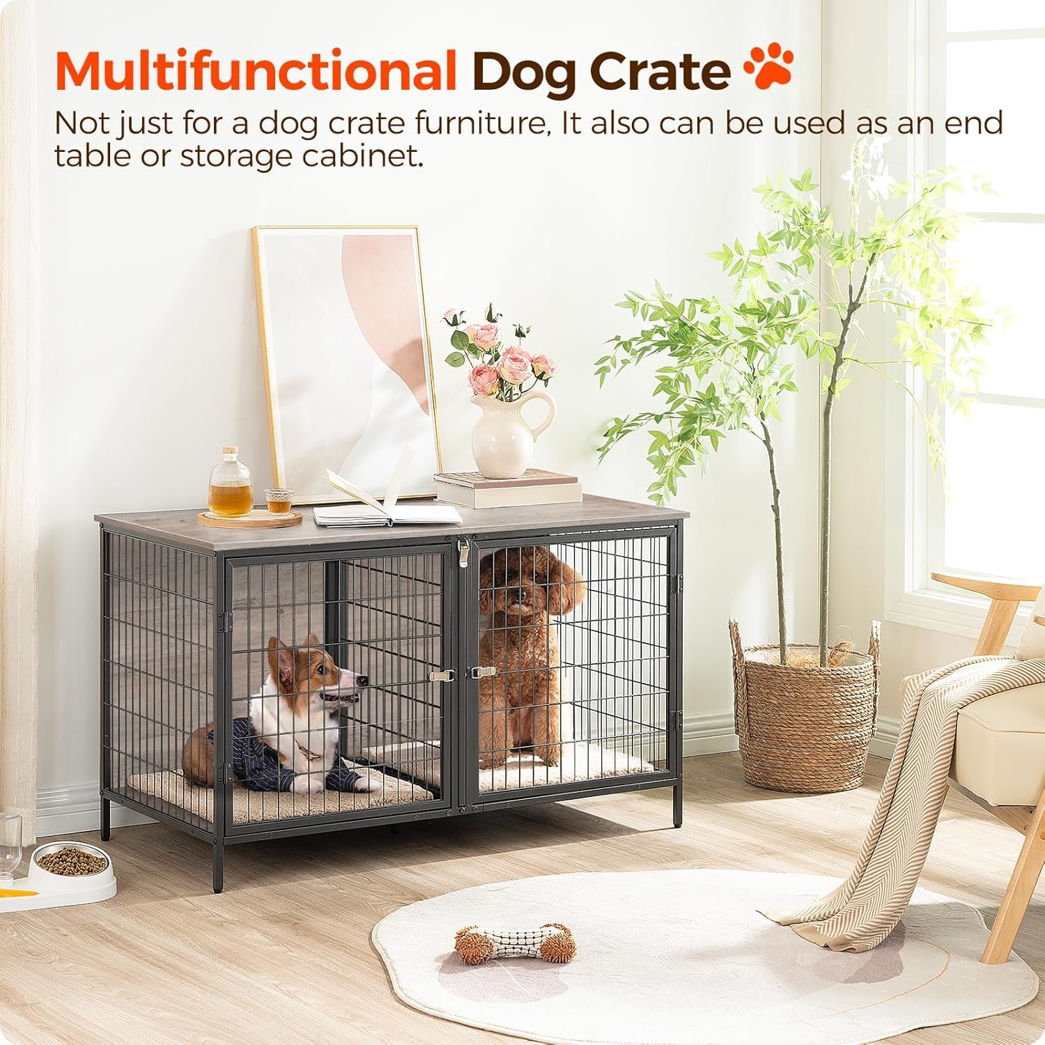 Dog Crate Furniture for 2 Dogs, 43.3" Dog Kennel with Removable Divider, Heavy Duty Wooden Dog Kennel for Small Medium Dog, Indoor Dog Cage End Table with Double Rooms, Greige DCHG1201