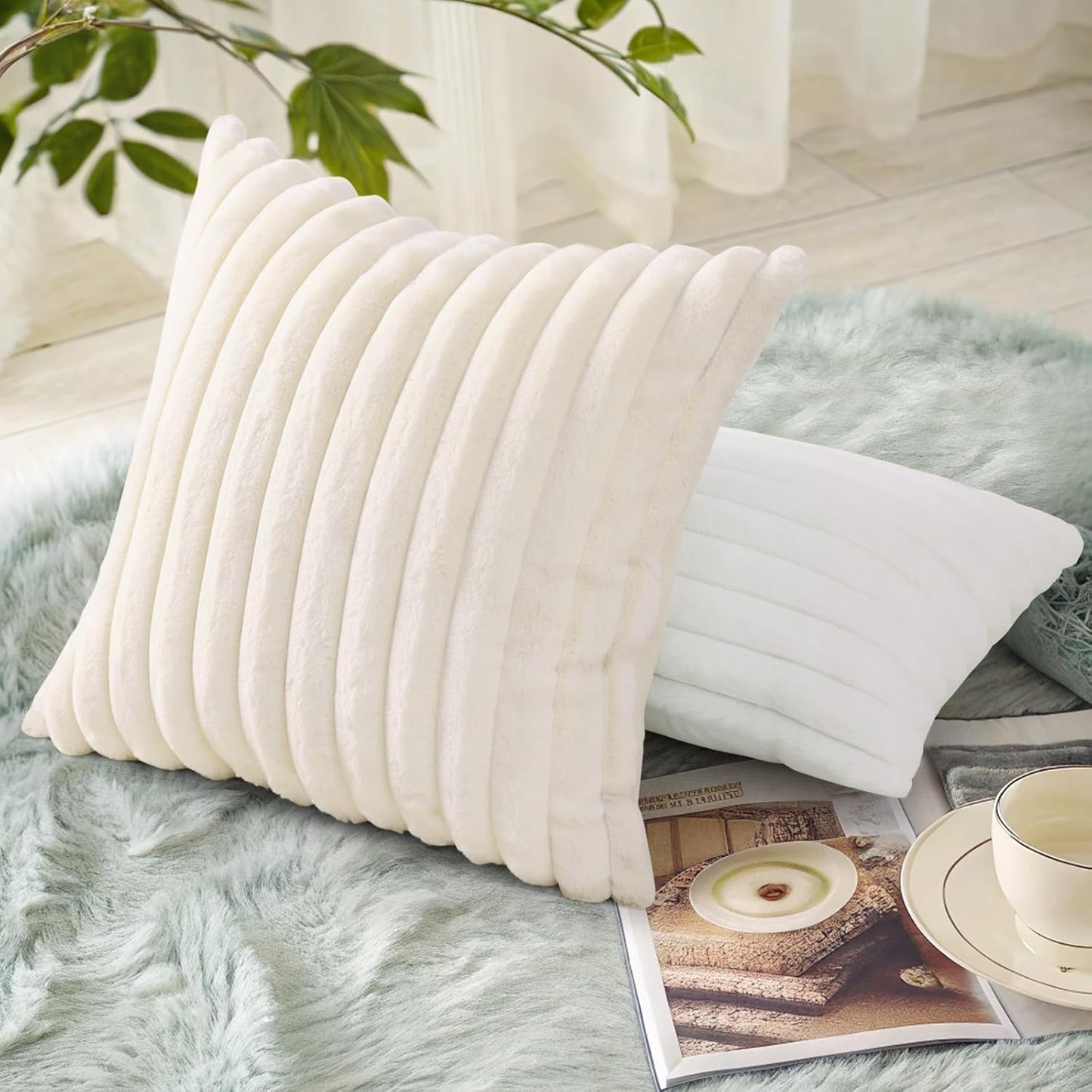 Faux Fur Spring Throw Pillow Covers 18X18 Set of 2, Decorative Soft Plush Striped Neutral Couch Euro Pillow Covers with Velvet Back for Sofa, Bed, Living Room Home Decor, Cream White