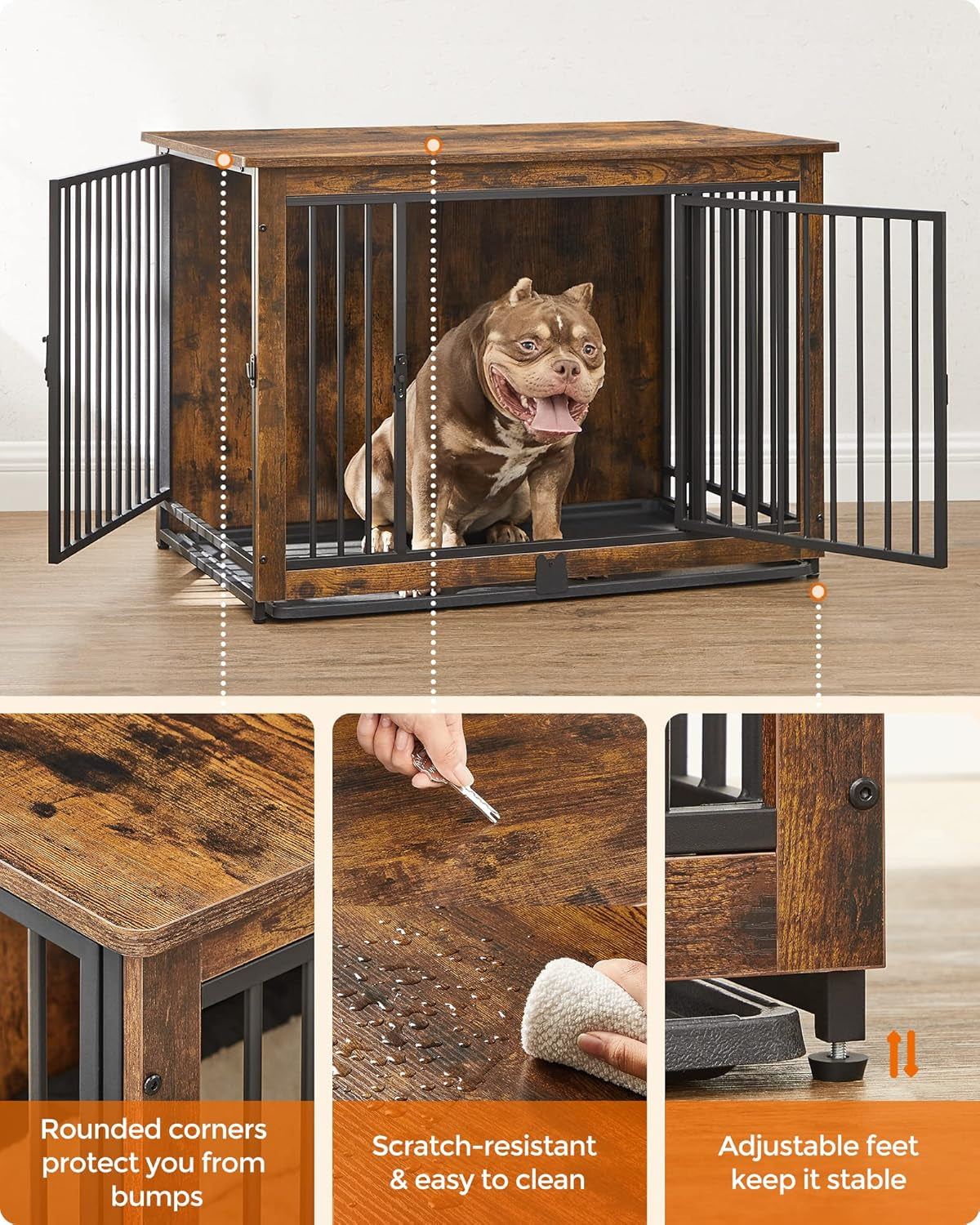 Dog Crate Furniture, 38 Inches Dog Kennel for Dogs up to 70 Lb, with Removable Tray, Heavy-Duty Dog Cage End Table, Double Doors Dog House, Rustic Brown UPFC013X01