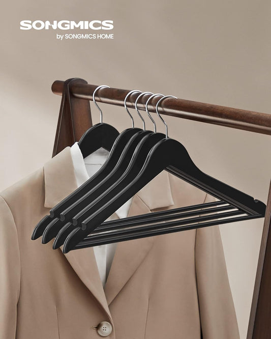 Wooden Hangers, 20-Pack Wood Coat Hangers with Shoulder Notches, Swivel Hook, Non-Slip for Jackets, Shirts, Suits, Black and Silver UCRW02B-20