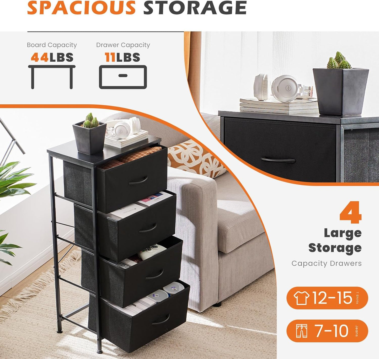 Nightstand Small Bedroom Dresser with 4 Fabric Drawers, Bed Side Furniture End Table, Wooden Top Cabinet Night Stand Dresser for Closet, Entryway, Dorm, Black