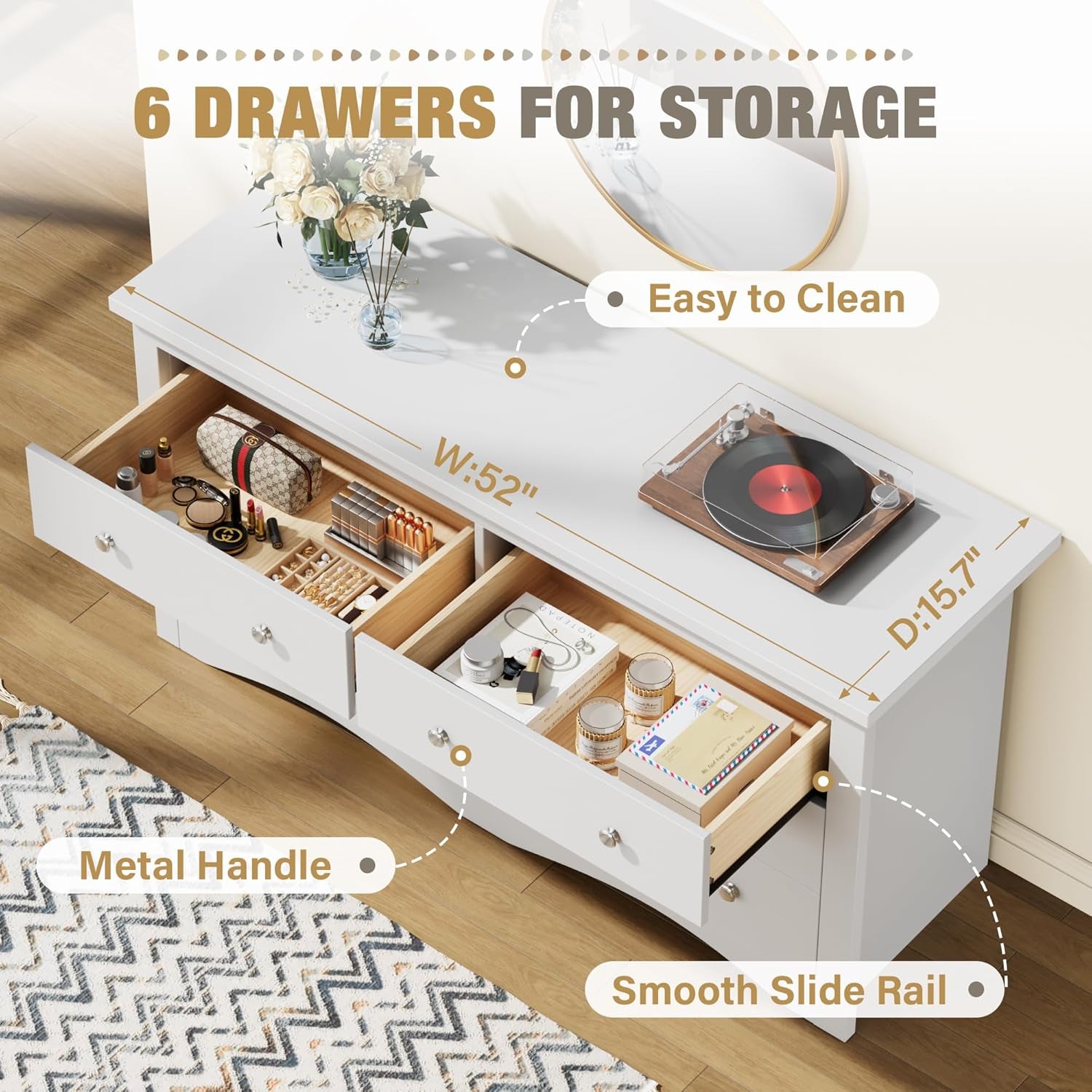 Dresser for Bedroom with 6 Drawers, Modern Chest of Drawers, Wooden Dressers, TV Stand for Living Room,Closet, Hallway (White)