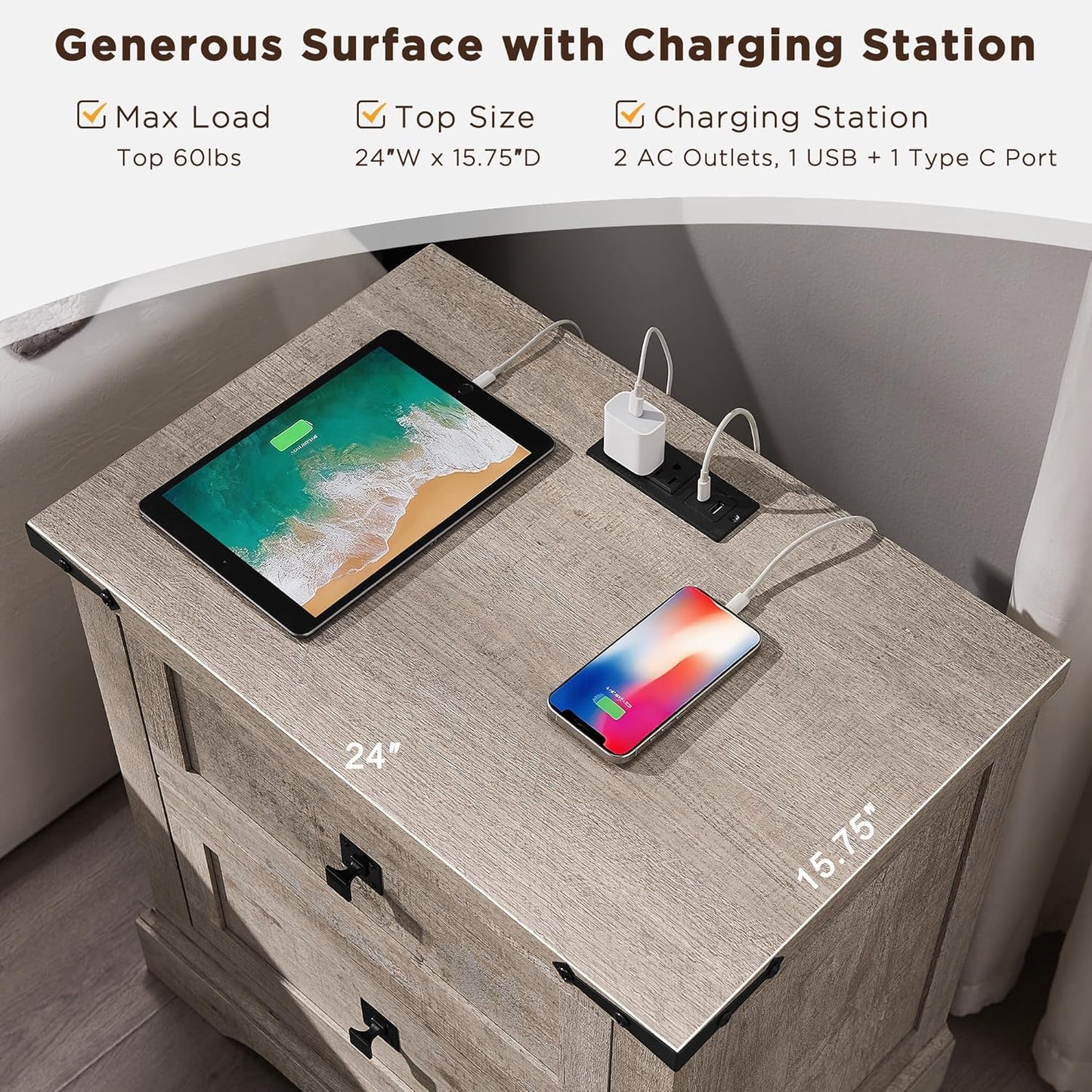 24" Farmhouse Nightstand with Charging Station Set of 2, Large End Table with 2 Storage Drawers, Rustic Wood Sofa Bedside Table for Bedroom, Light Rustic Oak
