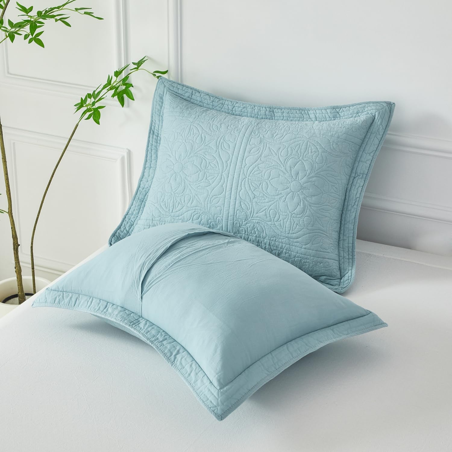 100% Cotton Quilted Pillow Sham Floral Printed Pillow Cover King Size (Baby Blue)