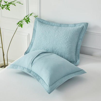 100% Cotton Quilted Pillow Sham Floral Printed Pillow Cover King Size (Baby Blue)