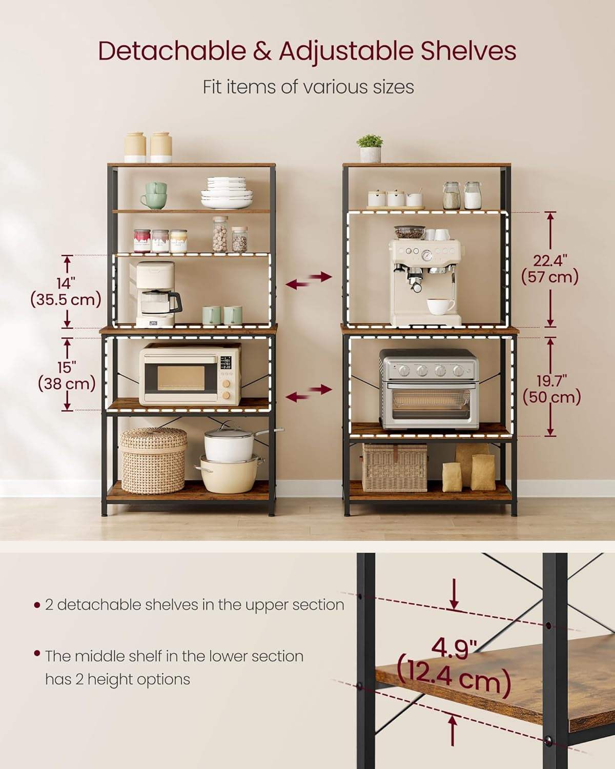 Coffee Bar, 31.5 Inches Baker'S Rack for Kitchen with Storage, 6-Tier Kitchen Shelves with 6 Hooks, Microwave Stand, Industrial, Rustic Brown and Ink Black UKKS019B01