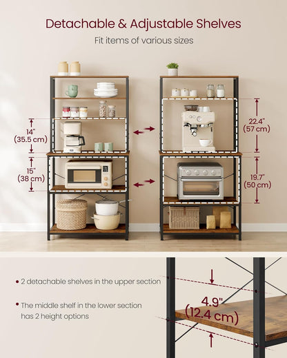 Coffee Bar, 31.5 Inches Baker'S Rack for Kitchen with Storage, 6-Tier Kitchen Shelves with 6 Hooks, Microwave Stand, Industrial, Rustic Brown and Ink Black UKKS019B01