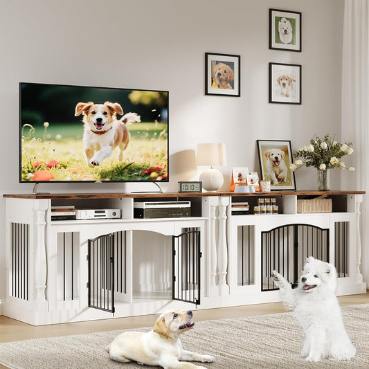 63" Large Dog Crate Furniture for 2 Dogs, Roman Column Kennel Furniture with Open Storage for Small and Medium Dogs, Dog Cage Table TV Stand, Heavy Duty Dog Kennel Entertainment Center