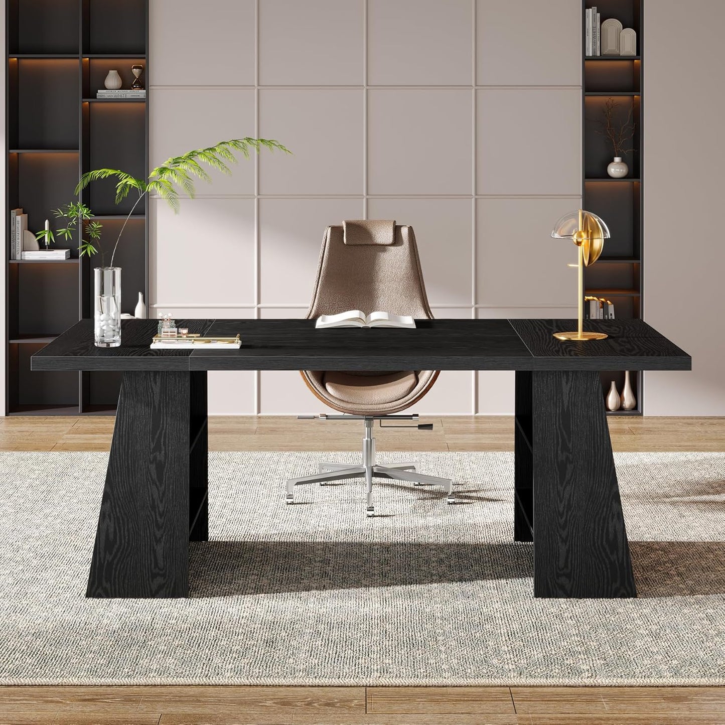 63-Inch Executive Desk, Modern Black Office Desk with Double Pedestal and Storage Shelves, Simple Large Computer Writing Conference Table Workstations Business Furniture for Home Office
