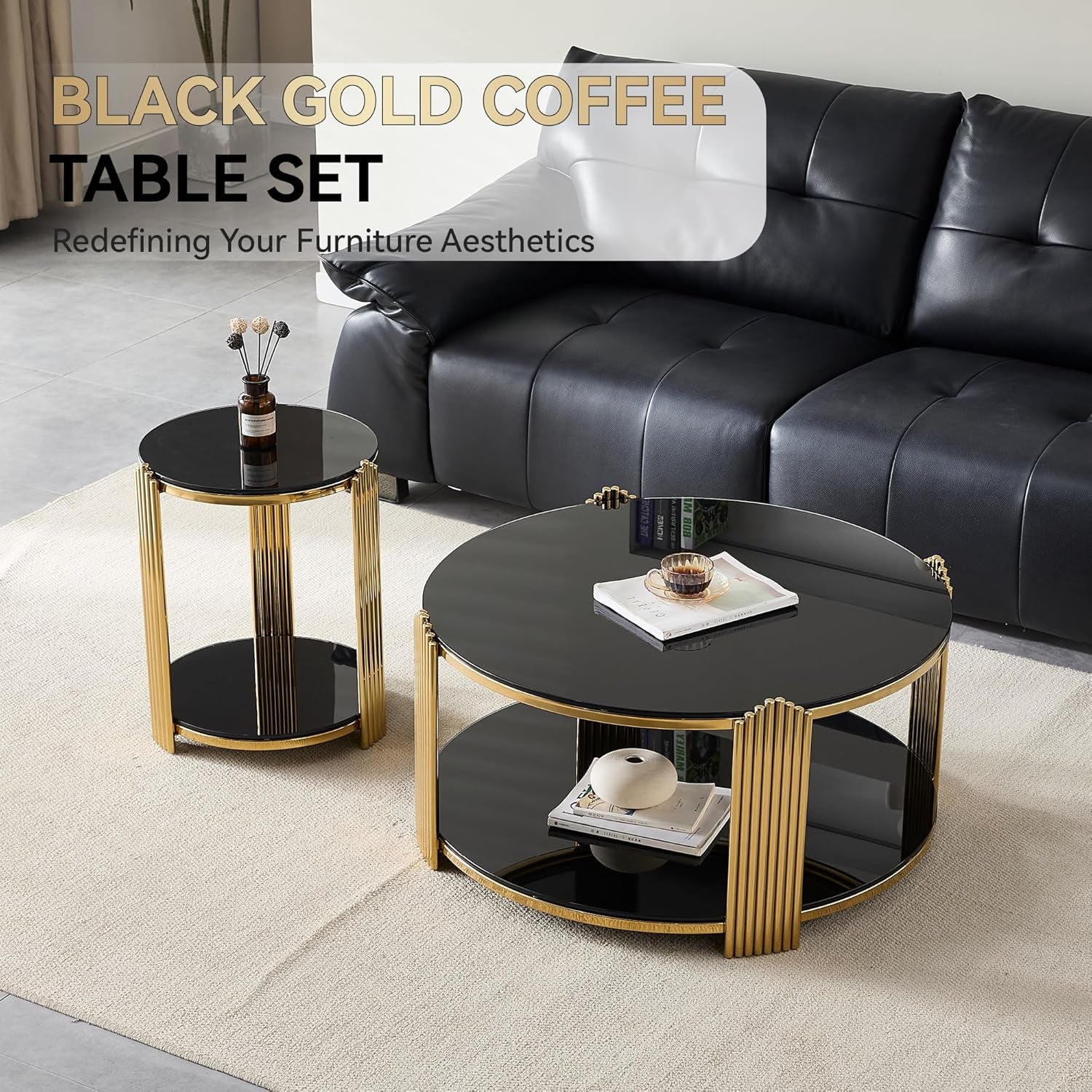 Round Living Room Table Set of 3 Include 1 Coffee Table and 2 End Tables, Black Tempered Glass Top, Sturdy Steel Frame, Gold Finish & Lower Shelf, Black Gold Coffee End Table Set for Living Room