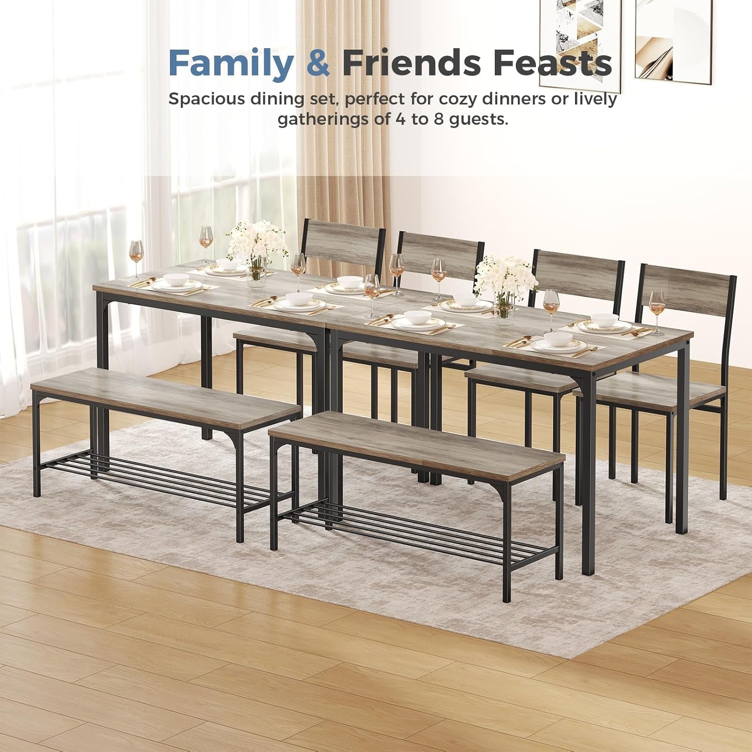 Dining Table Set, Dining Table for 4 with Bench, Kitchen Table, Space-Saving Ideal 4-Person Set for Dining Room Kitchen Apartment Corner Grey 4 Pack