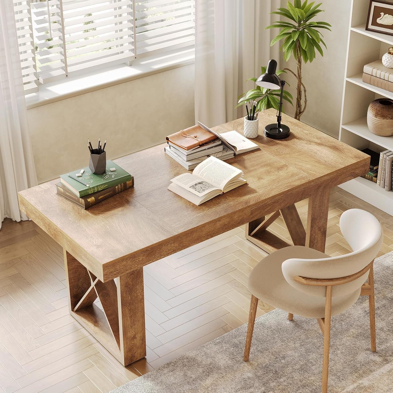 63-Inch Rectangle Dining Table for 4-6 People, Farmhouse Thick Appearance Design, Rectangular Kitchen Dinner Table for Home, Rustic Yellowish Brown