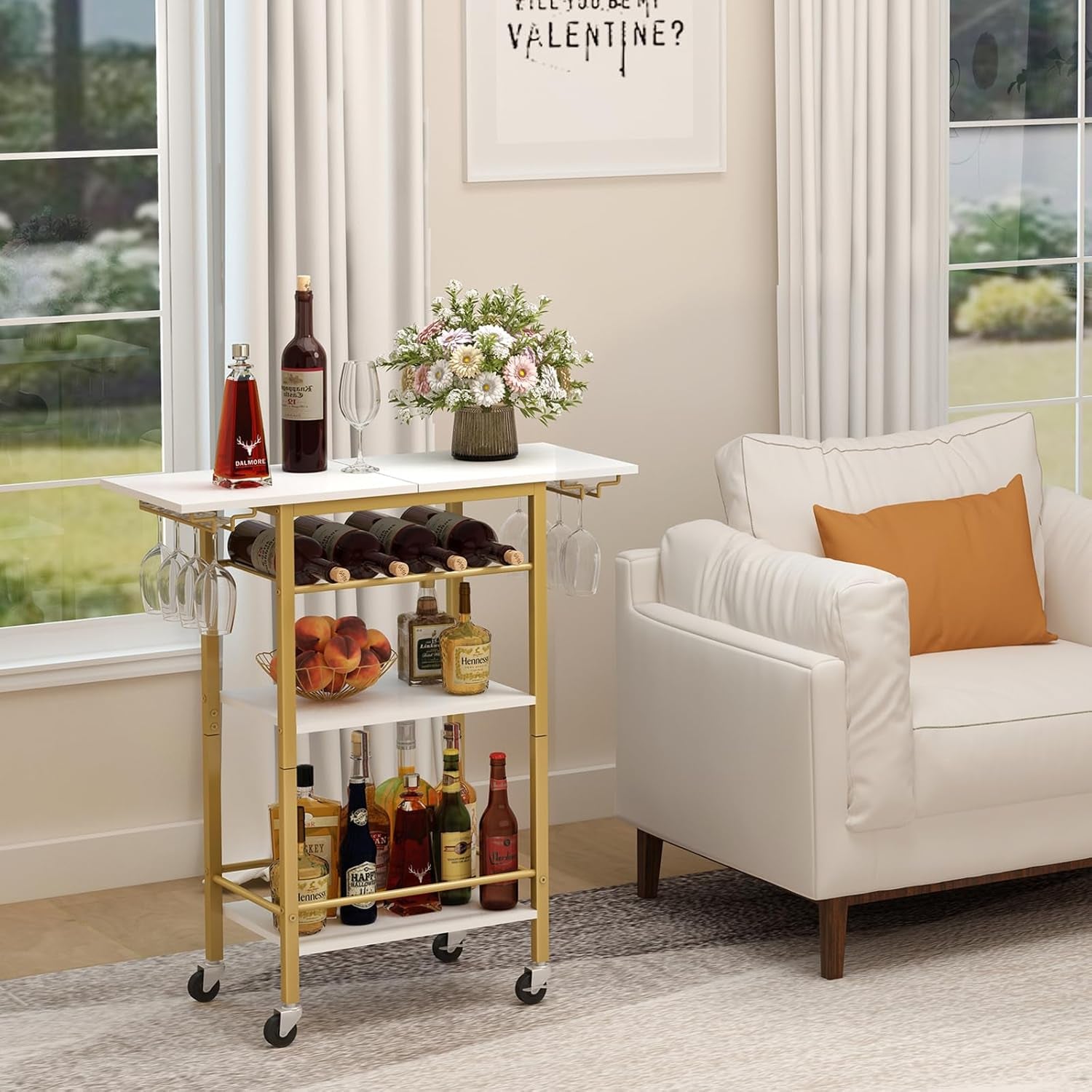 Bar Cart, Home Bar Serving Cart, 3 Tier Mobile Drink Beverage Cart, Rolling Kitchen Shelf with Wine and Glass Holder, for Dinning Room, Living Room, Kitchen