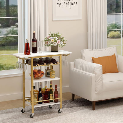 Bar Cart, Home Bar Serving Cart, 3 Tier Mobile Drink Beverage Cart, Rolling Kitchen Shelf with Wine and Glass Holder, for Dinning Room, Living Room, Kitchen