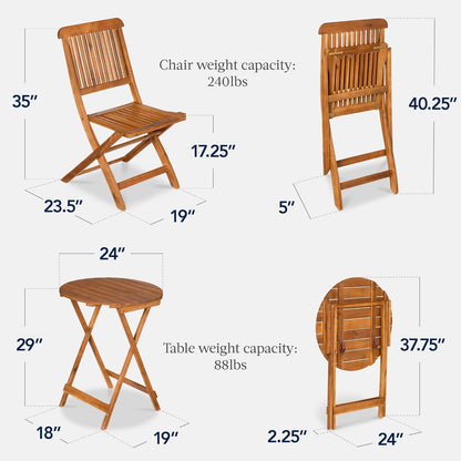 3-Piece Acacia Wood Bistro Set, Folding Patio Furniture for Backyard, Balcony, Deck W/ 2 Chairs, round Coffee Table, Teak Finish - Natural