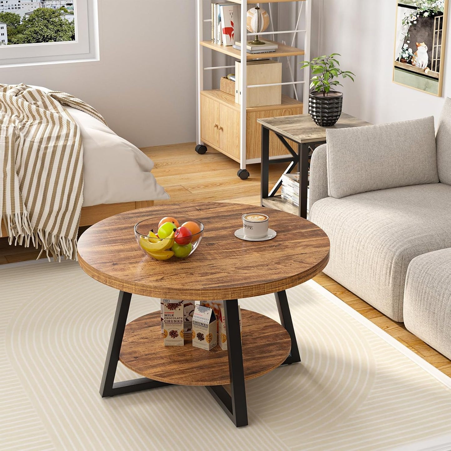 round Coffee Table with Storage, 30 Inch Circle Center Tables for Living Room, Modern Sofa Table for Small Spaces, Home Office, Easy Assembly, Walnut