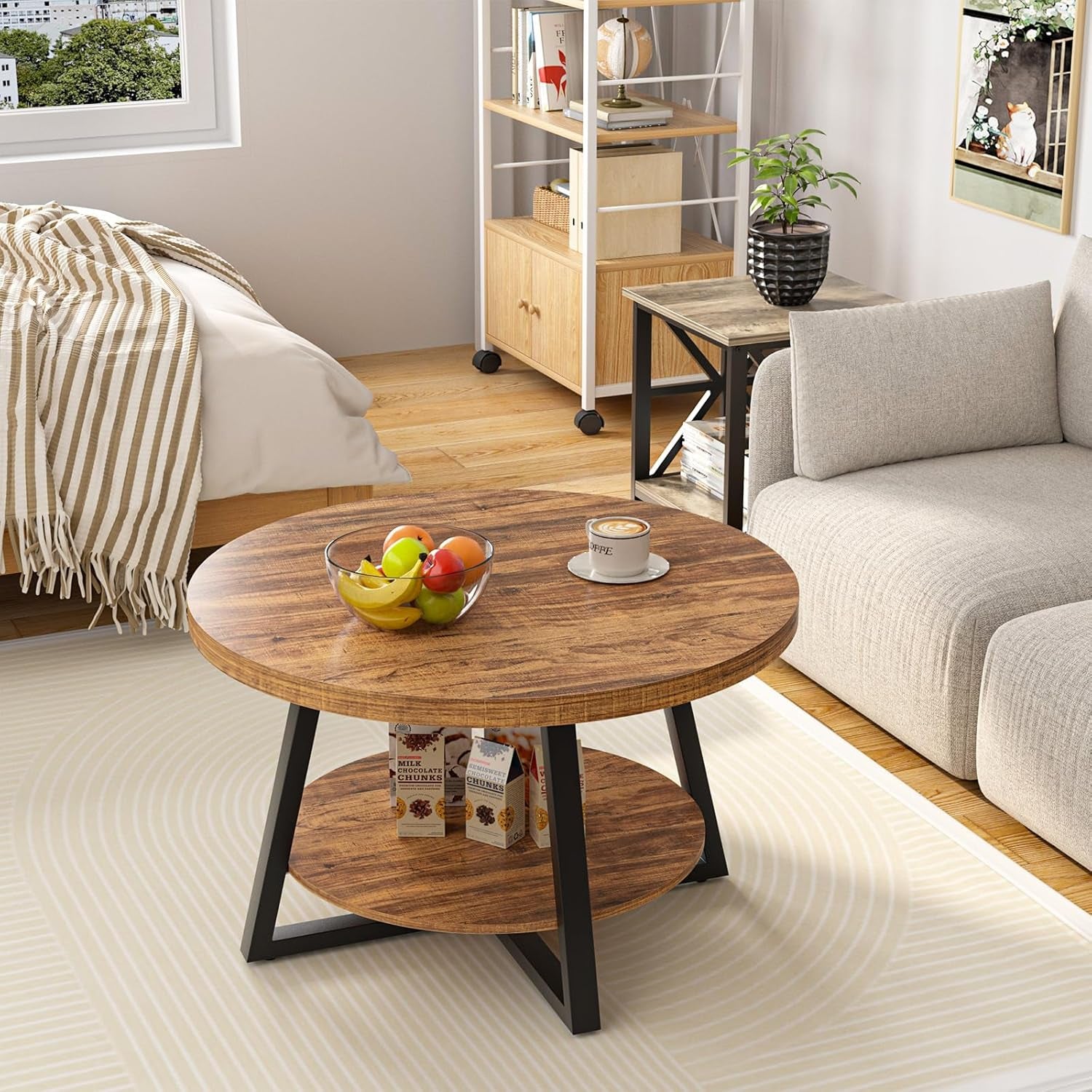 round Coffee Table with Storage, 30 Inch Circle Center Tables for Living Room, Modern Sofa Table for Small Spaces, Home Office, Easy Assembly, Walnut