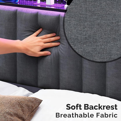 King Size Headboard Only, Adjustable Upholstered Headboard with 2 Tier Shelves and Pegboard with Charging Stations and LED Lights, Modern Bed Headboard with Storage for Bedroom Decor