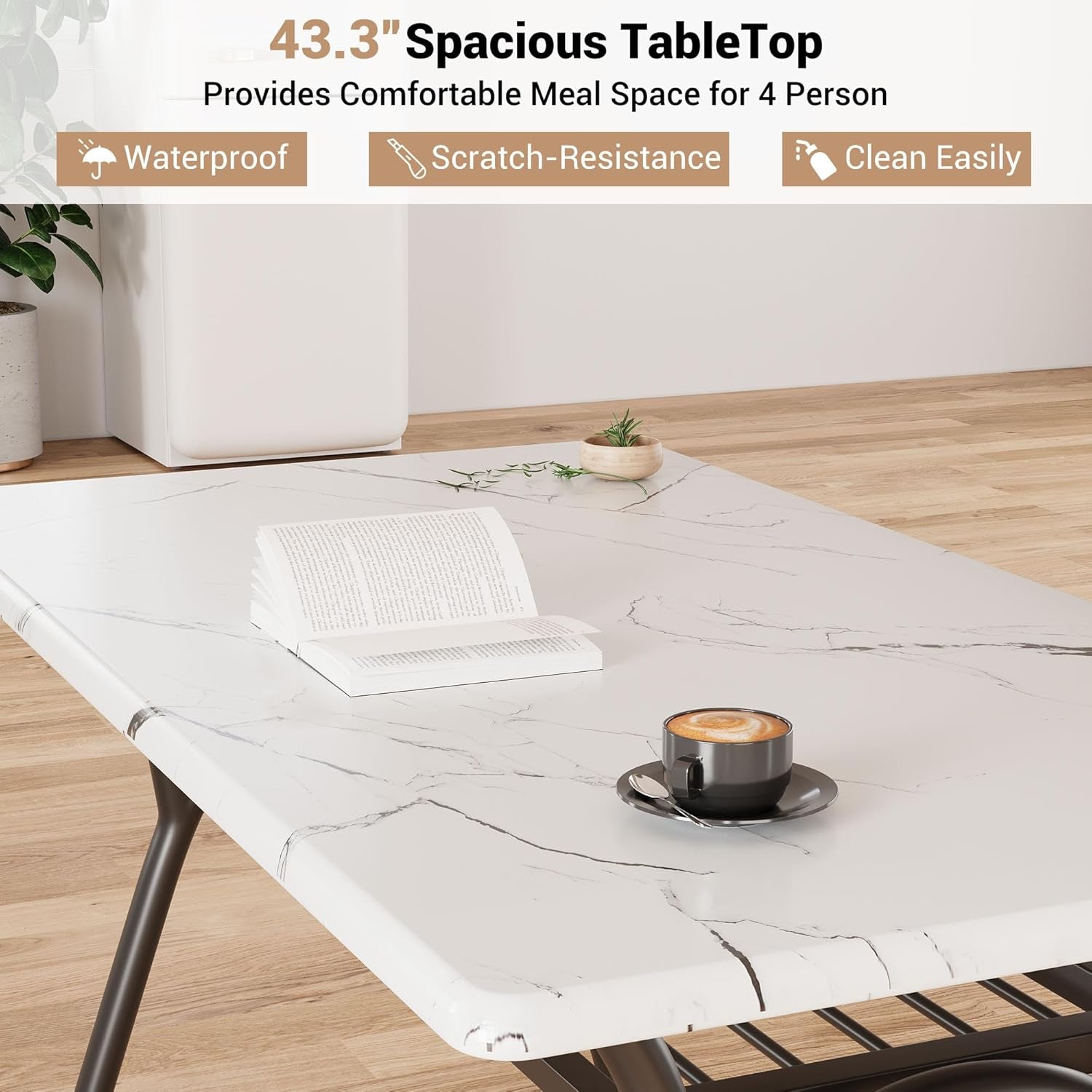 5-Piece Dining Table Set for 4, Modern Kitchen Table with 4 Boucle Chairs, Rectangular Dining Table with Storage Shelf & Marble Tabletop, Beige Home Dining Furniture for Small Space