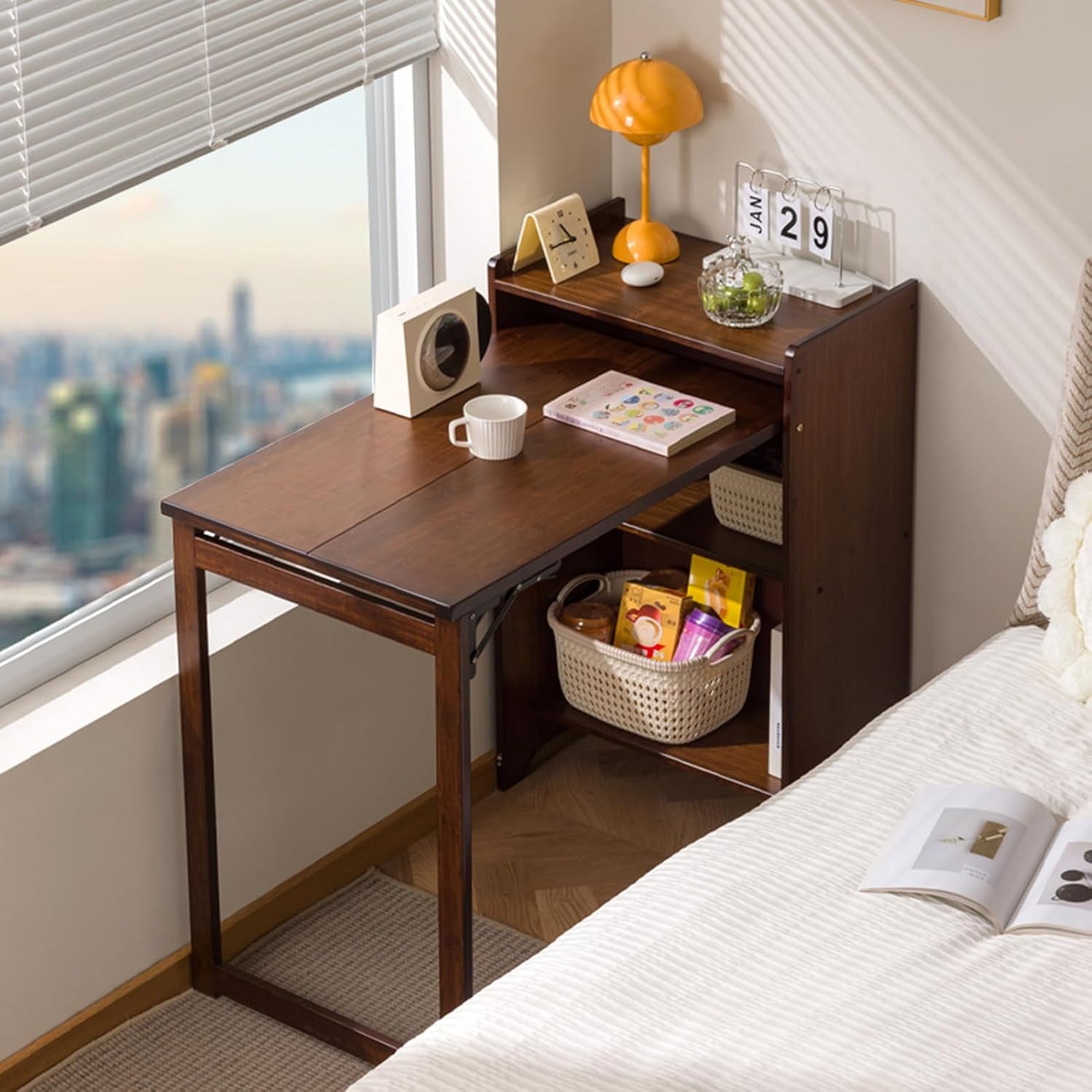 Bamboo Folding Desk with Storage Shelves, Space Saving Mid Century Modern Bookcase with Drop down Table, Hide Away Desk for Home Bedroom Study Office