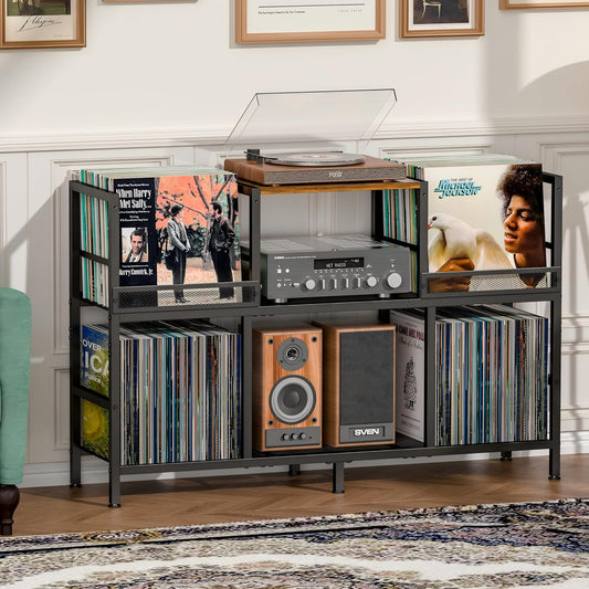 Record Player Stand, Turntable Stand with 3-Compartment Vinyl Storage Cabinet, Holds 300+ Albums, Sturdy Record Player Table for Living Room & Music Room
