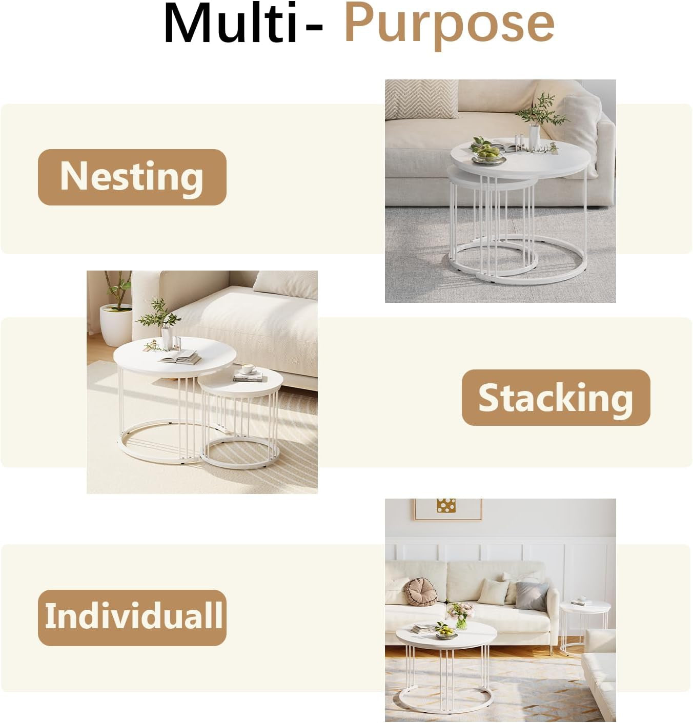 Nesting Coffee Table, 23.6" round Coffee Table Set of 2, Wooden Nesting Table with Metal Frame, Ceter Tables for Living Room Bedroom Balcony, White