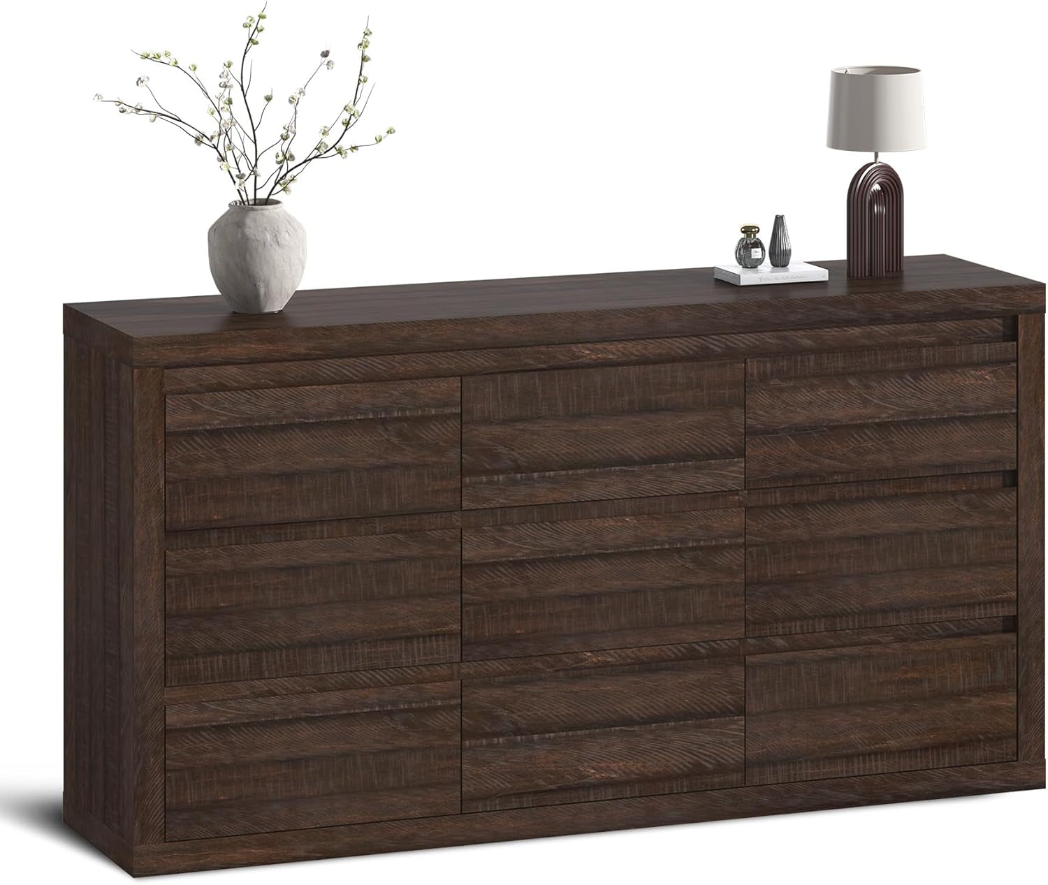 Modern 9 Drawer Dresser for Bedroom, Wide Chest of Drawers with Anti-Tipping Device, Wooden Storage Cabinet and TV Stand for Closet, Living Room or Hallway,Brown