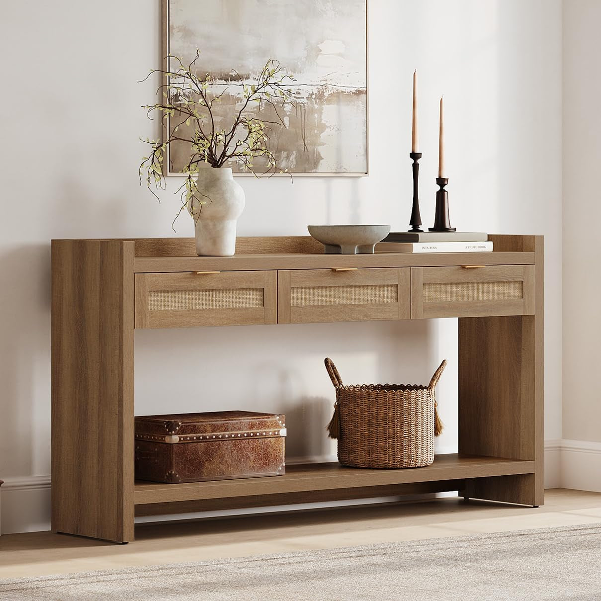 60" Rattan Console Table for Entryway - Farmhouse Entry Table Sofa Table with 3 Drawers, Narrow TV Console Table with Storage for Living Room, Hallway, Couch, Foyer