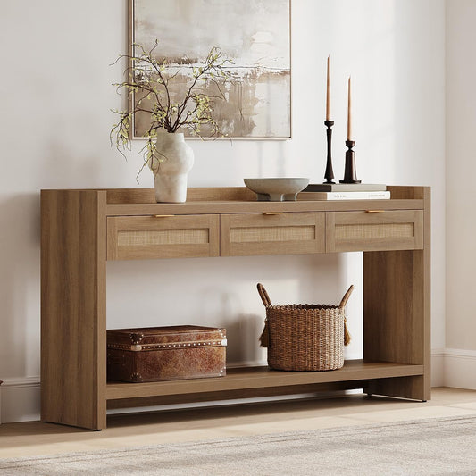 Rattan Console Table for Entryway - Large Boho TV Console Table Entry Table with 3 Storage Drawers, 60" Long Sofa Table behind Couch for Living Room, Hallway, Foyer