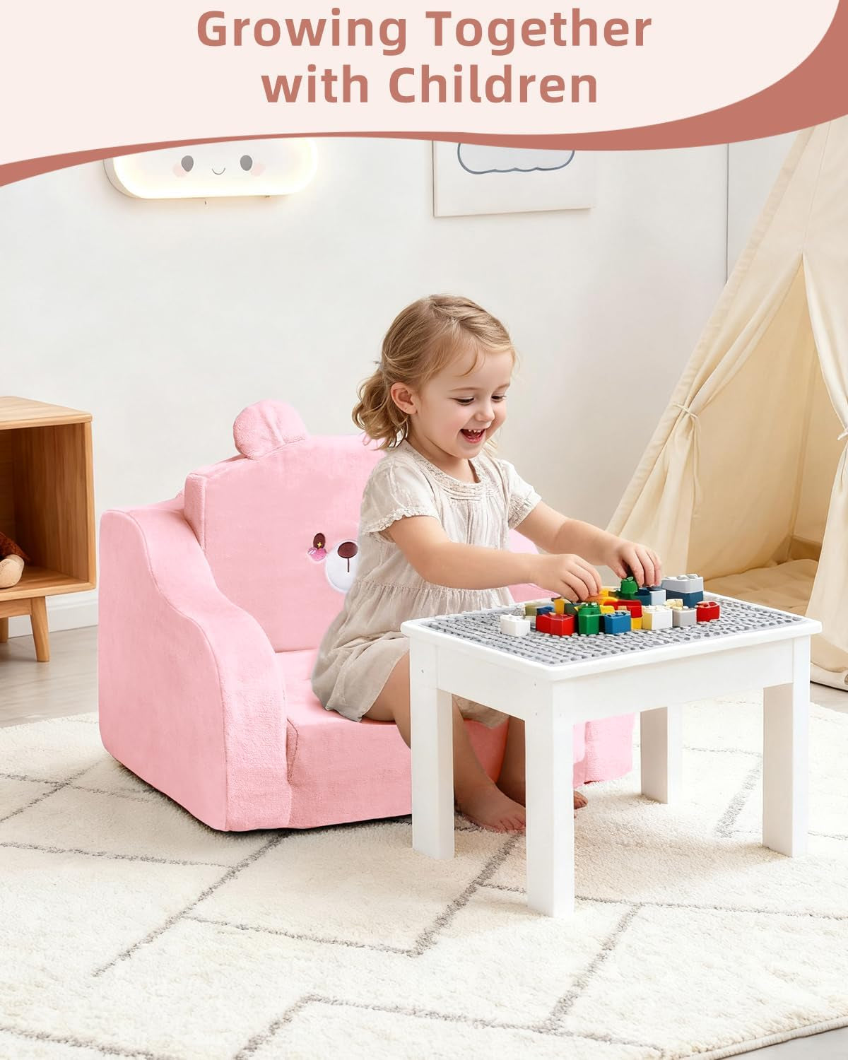 Kids Couch,Toddler Chairs Comfy 1-3 Years Old, 2-In-1 Soft Toddler Couches Fold Out,Convertible Sofa to Lounger for Girls and Boys,Cuddly Kids Floor Furniture for Playroom,Pink Bear