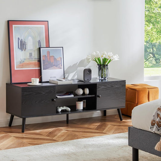 TV Stand for 55 60 Inch TV, Modern Mid Century Entertainment Center with Storage, Media Console Table 2 Cabinet, Soft Hinge, Handle Door, Wooden Living Room, Office Furniture, Pure Black